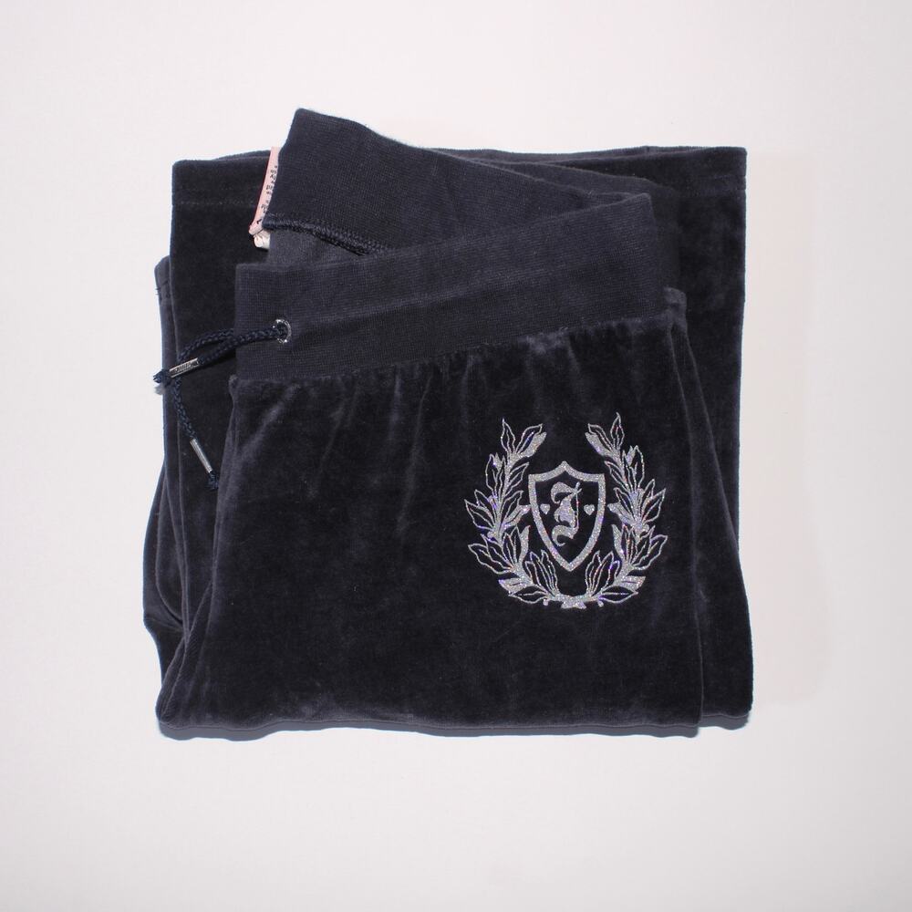 Y2K Juicy Couture Navy Blue Flare Track Pants With Pockets And Glittery Logo S